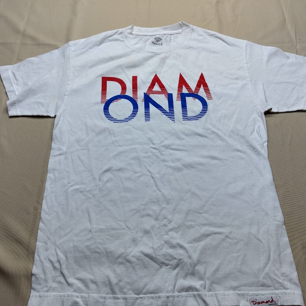 Diamond Supply Co Mens Large White Graphic T-Shirt Red Blue Logo Streetwear USA